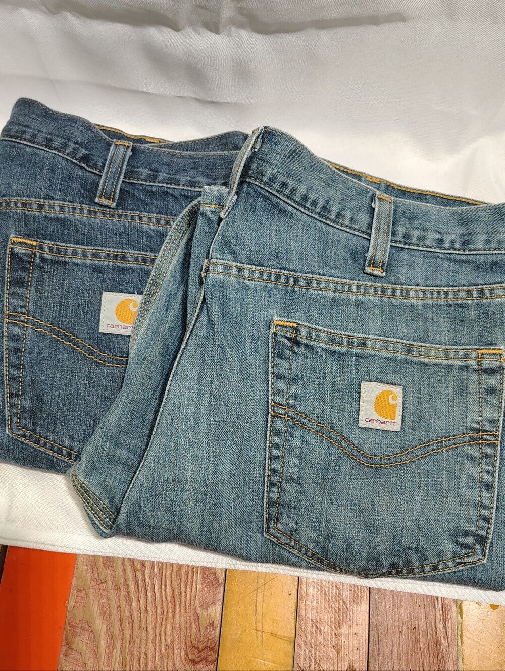 2 Carhartt Mens Jeans 36x30 Relaxed Fit Denim Work Pants Medium And Dark Denim